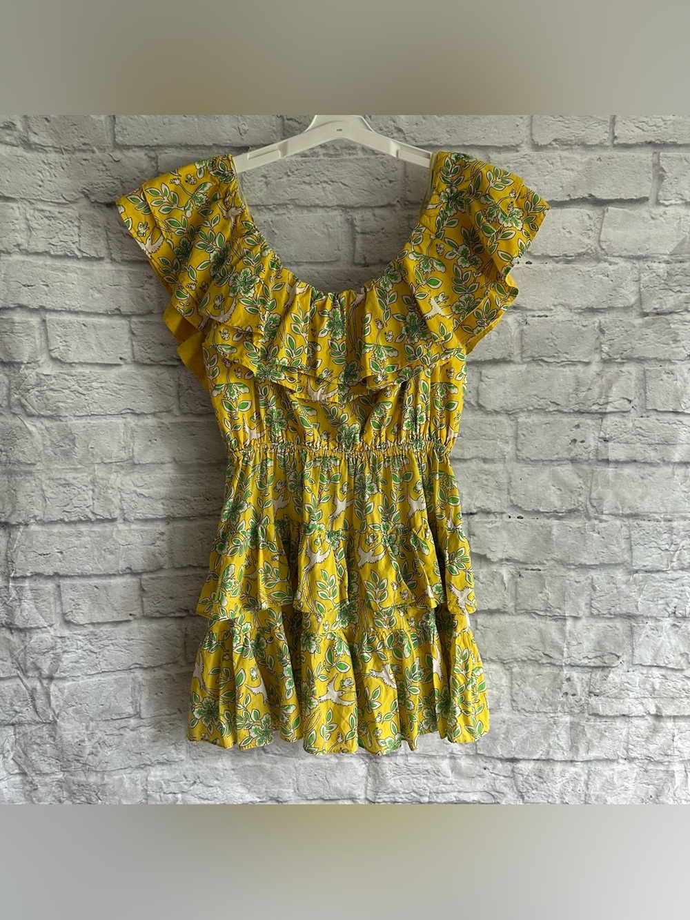 PREOWNED RHODE YELLOW GREEN RUFFLE BIRD DRESS WOMENS SIZE XS
